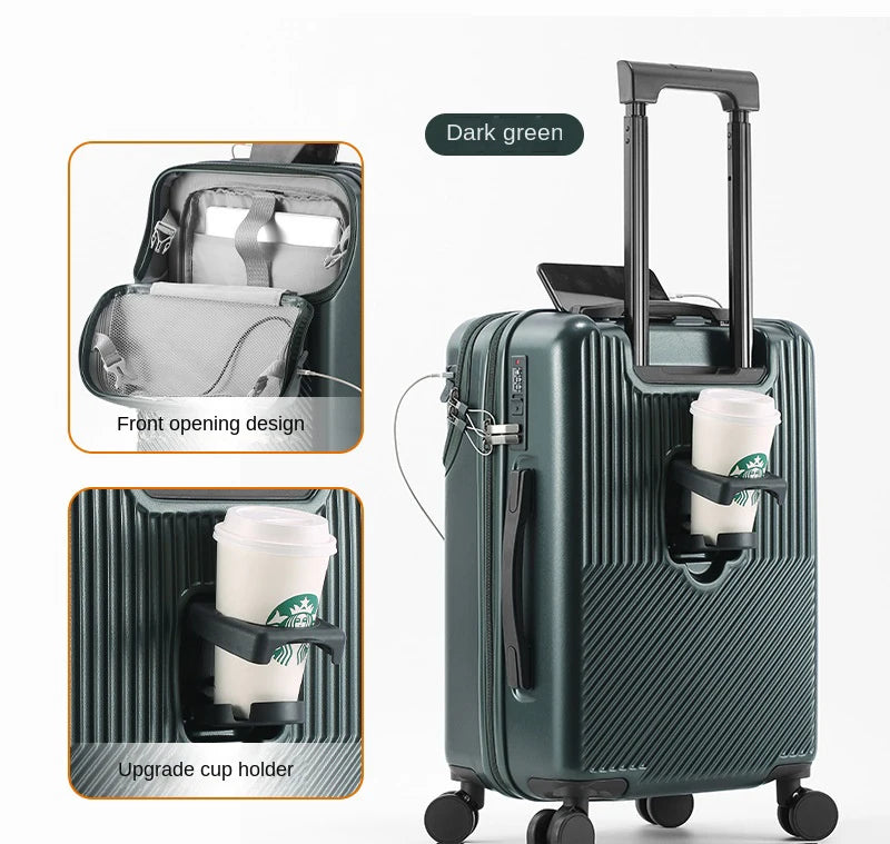 New Upgrade Suitcase Front Opening Luggage with USB Cup Holder Female 20" Small Trolley Case 24" 26" Male Suitcase Trip Cabin