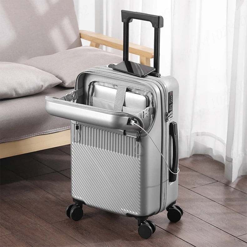 New Upgrade Suitcase Front Opening Luggage with USB Cup Holder Female 20" Small Trolley Case 24" 26" Male Suitcase Trip Cabin