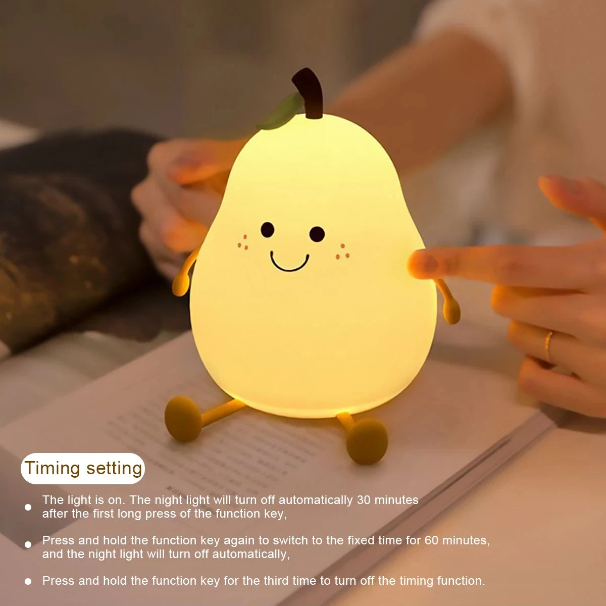 Cute Fruit LED Night Light – USB Rechargeable, Touch Sensor, Bedroom Decor.