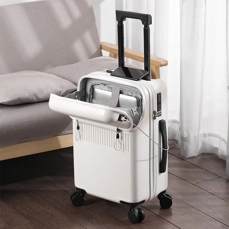 New Upgrade Suitcase Front Opening Luggage with USB Cup Holder Female 20" Small Trolley Case 24" 26" Male Suitcase Trip Cabin