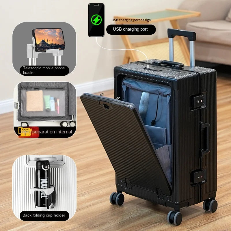 18/28 inches Front Opening Multifunctional Business Suitcase Aluminum Frame Trolley Case 20 Inches Boarding Luggage Trolley Case