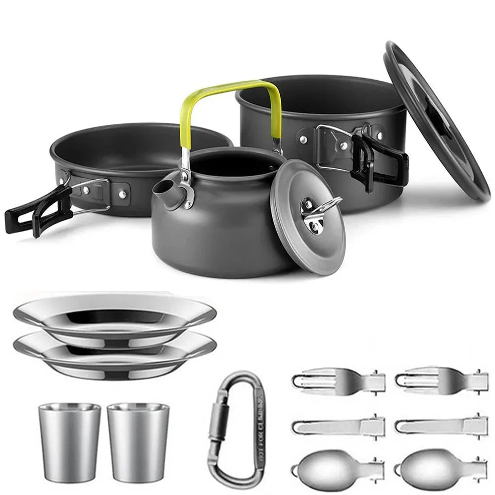 Camping Cooking Set for 2-3 People, Non-stick Pots, Teapot, and Picnic Tableware