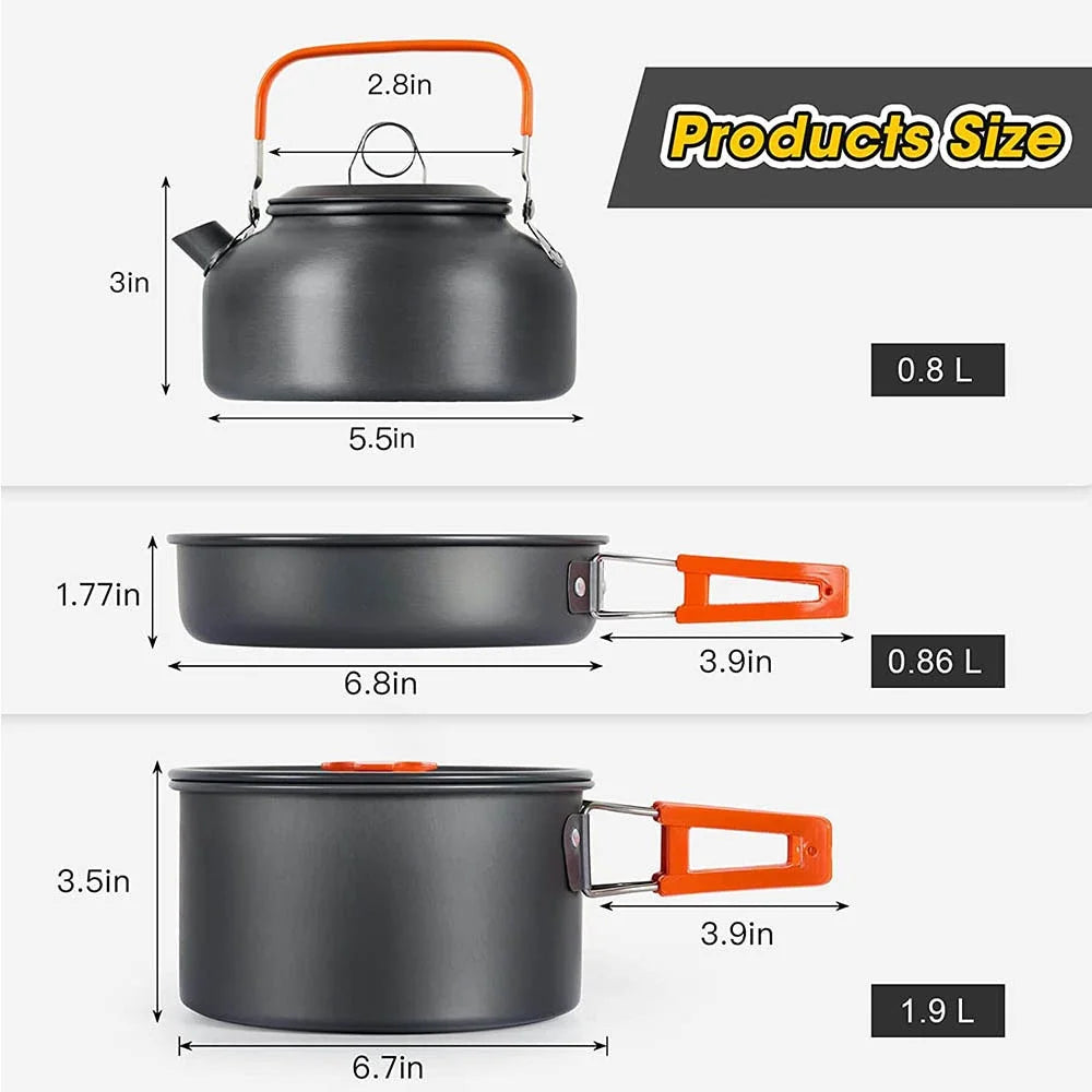 Camping Cooking Set for 2-3 People, Non-stick Pots, Teapot, and Picnic Tableware