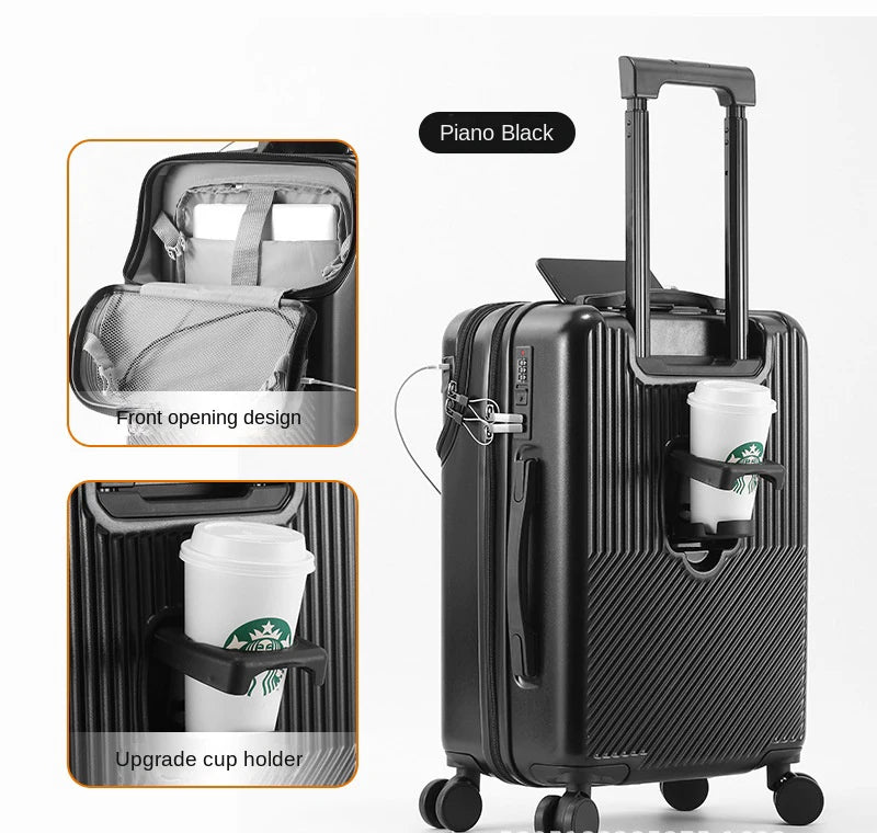 New Upgrade Suitcase Front Opening Luggage with USB Cup Holder Female 20" Small Trolley Case 24" 26" Male Suitcase Trip Cabin