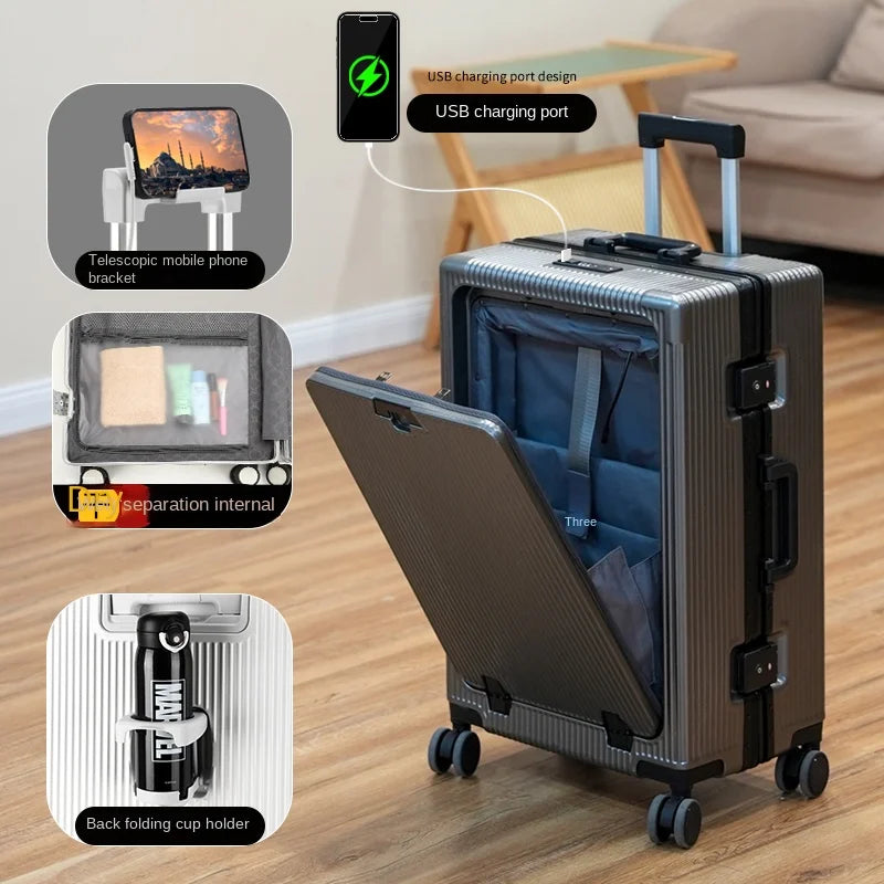 18/28 inches Front Opening Multifunctional Business Suitcase Aluminum Frame Trolley Case 20 Inches Boarding Luggage Trolley Case