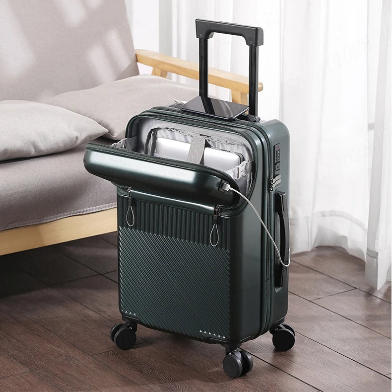 New Upgrade Suitcase Front Opening Luggage with USB Cup Holder Female 20" Small Trolley Case 24" 26" Male Suitcase Trip Cabin