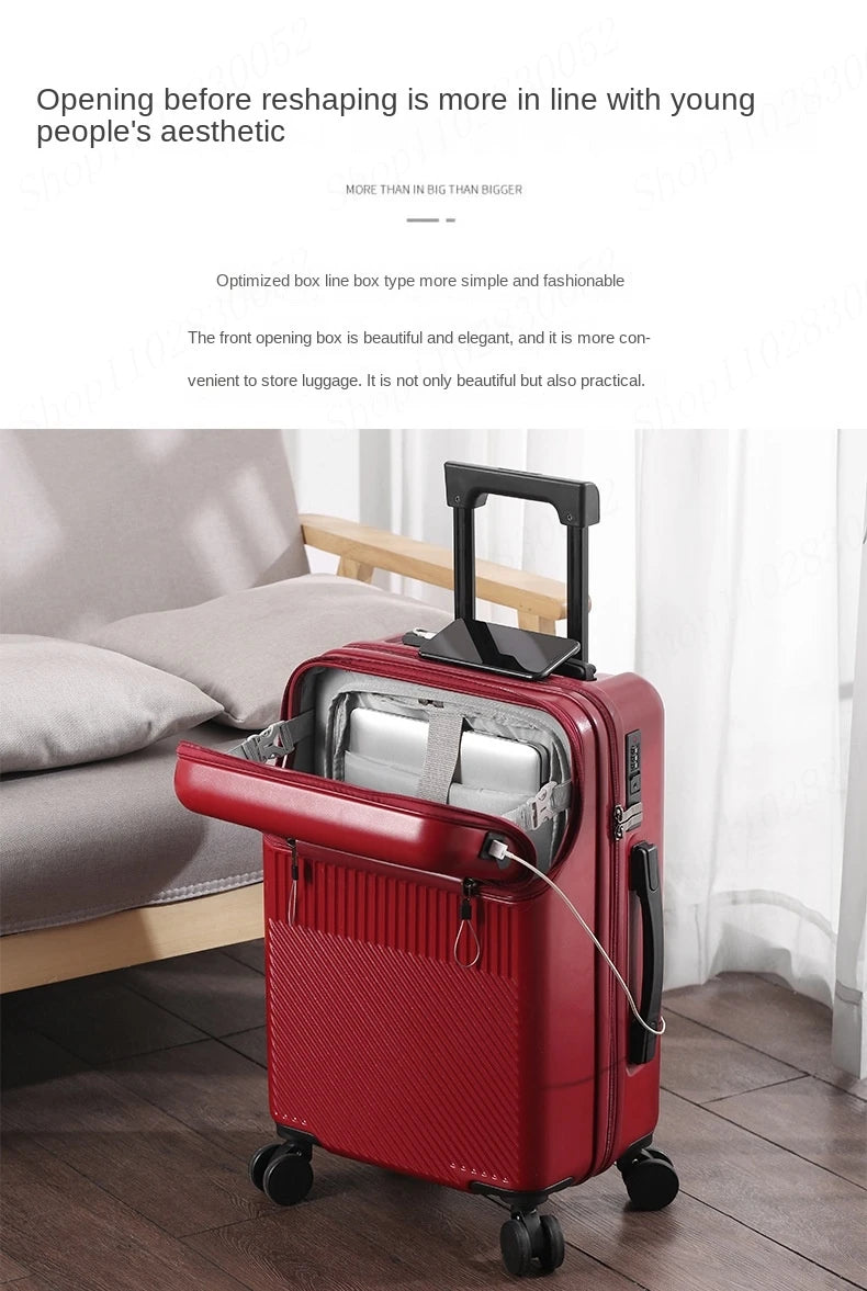 New Upgrade Suitcase Front Opening Luggage with USB Cup Holder Female 20" Small Trolley Case 24" 26" Male Suitcase Trip Cabin