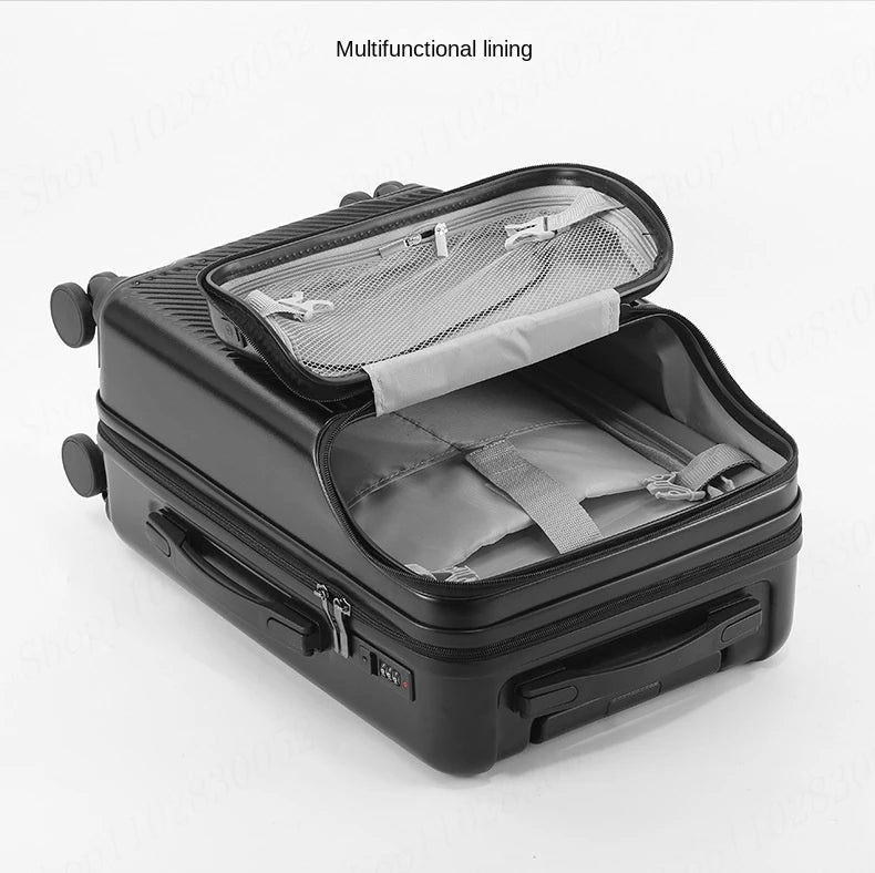 New Upgrade Suitcase Front Opening Luggage with USB Cup Holder Female 20" Small Trolley Case 24" 26" Male Suitcase Trip Cabin