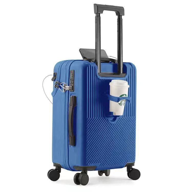 New Upgrade Suitcase Front Opening Luggage with USB Cup Holder Female 20" Small Trolley Case 24" 26" Male Suitcase Trip Cabin