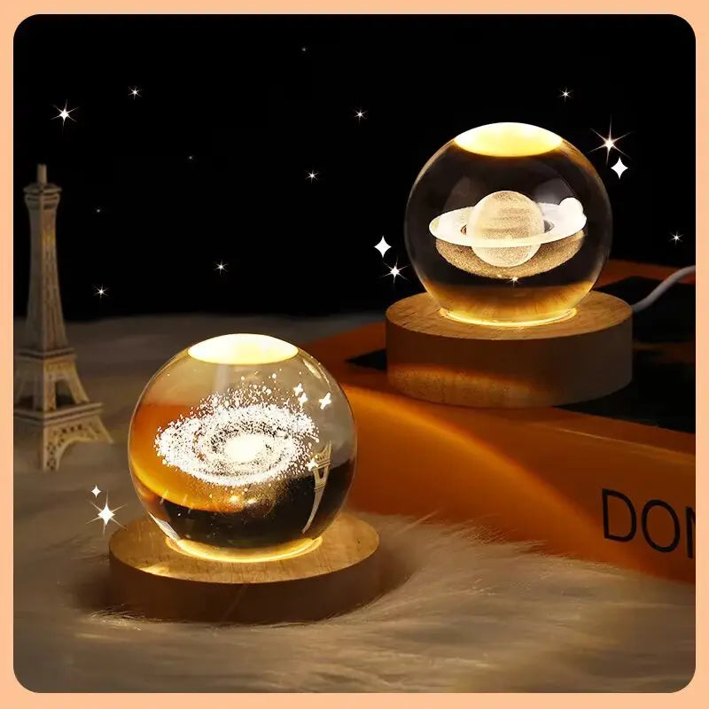 USB Night Light LED Crystal Ball Table Lamp 3D Moon Planet Galaxy Decor