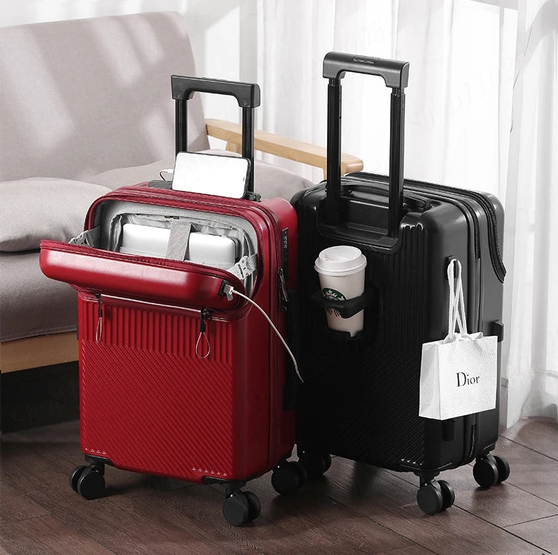 New Upgrade Suitcase Front Opening Luggage with USB Cup Holder Female 20" Small Trolley Case 24" 26" Male Suitcase Trip Cabin