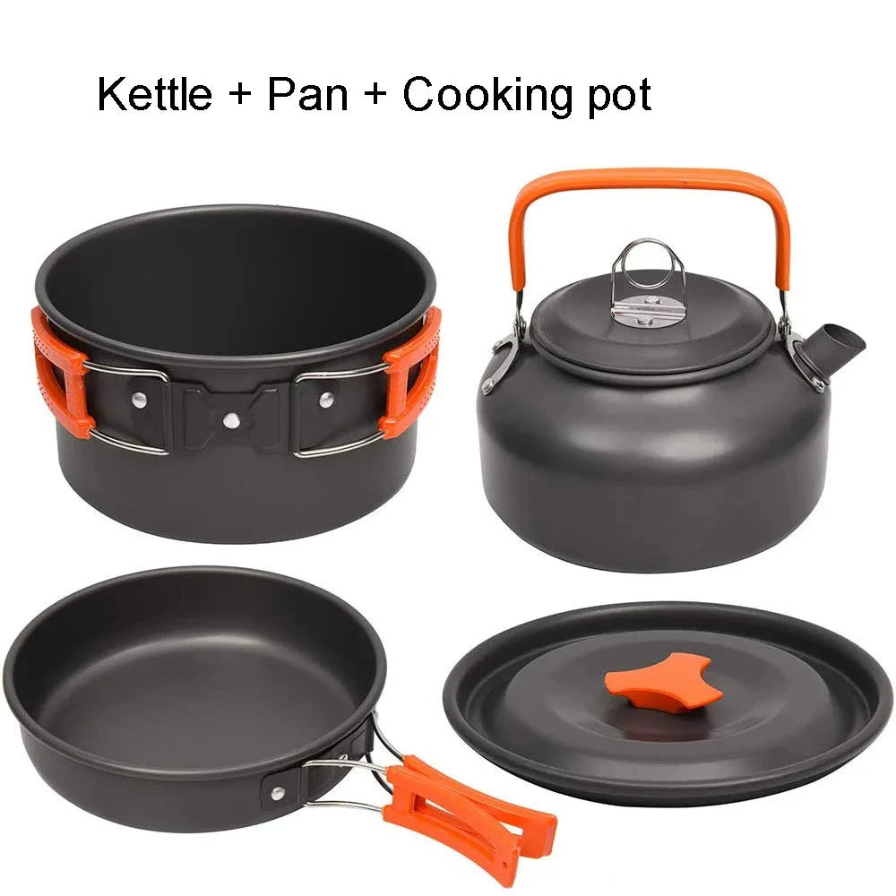 Camping Cooking Set for 2-3 People, Non-stick Pots, Teapot, and Picnic Tableware