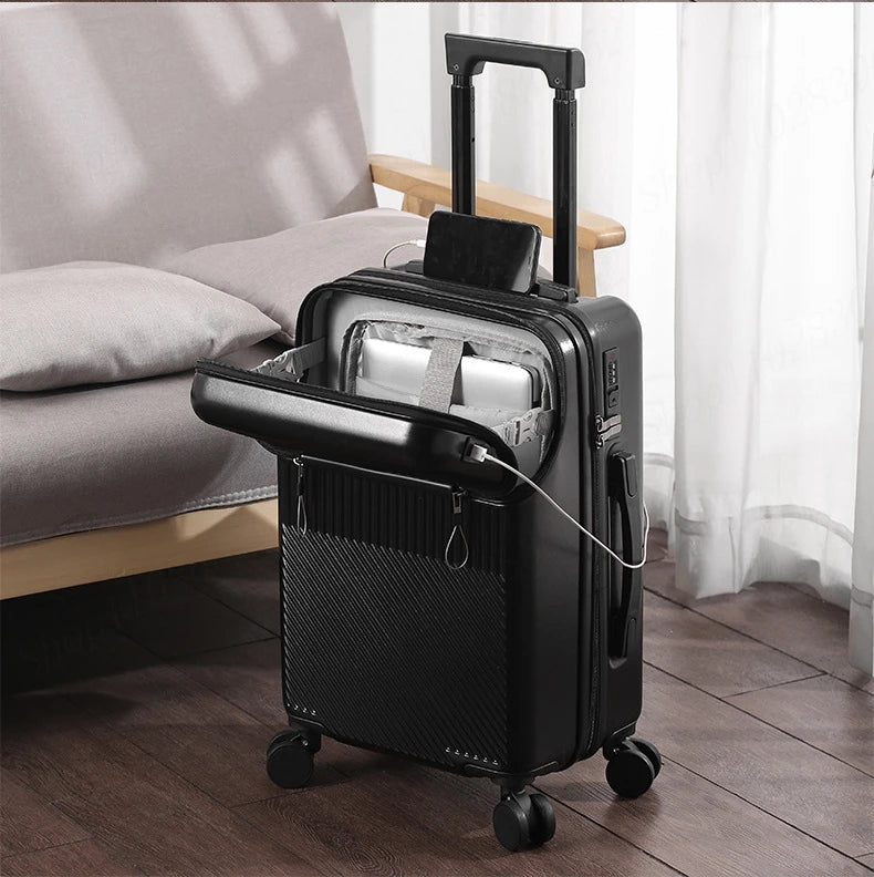 New Upgrade Suitcase Front Opening Luggage with USB Cup Holder Female 20" Small Trolley Case 24" 26" Male Suitcase Trip Cabin