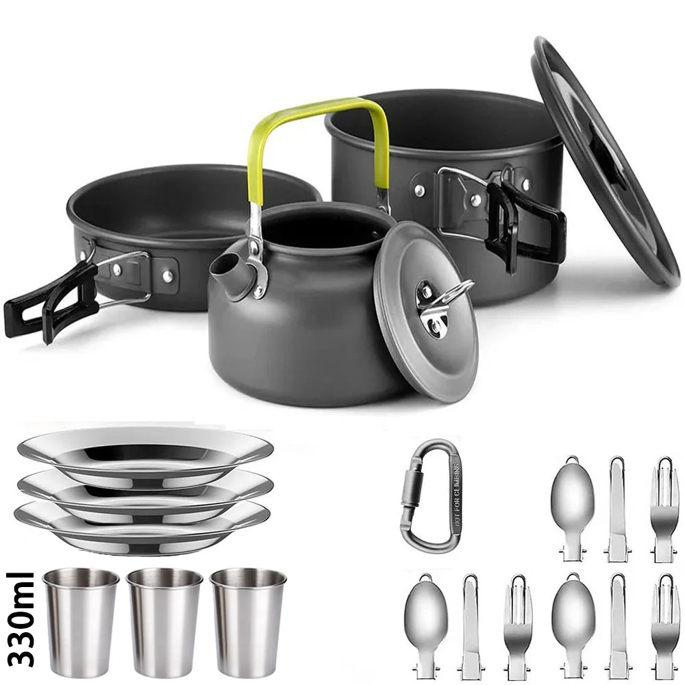 Camping Cooking Set for 2-3 People, Non-stick Pots, Teapot, and Picnic Tableware