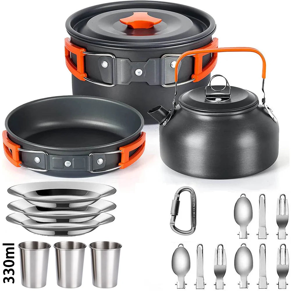 Camping Cooking Set for 2-3 People, Non-stick Pots, Teapot, and Picnic Tableware