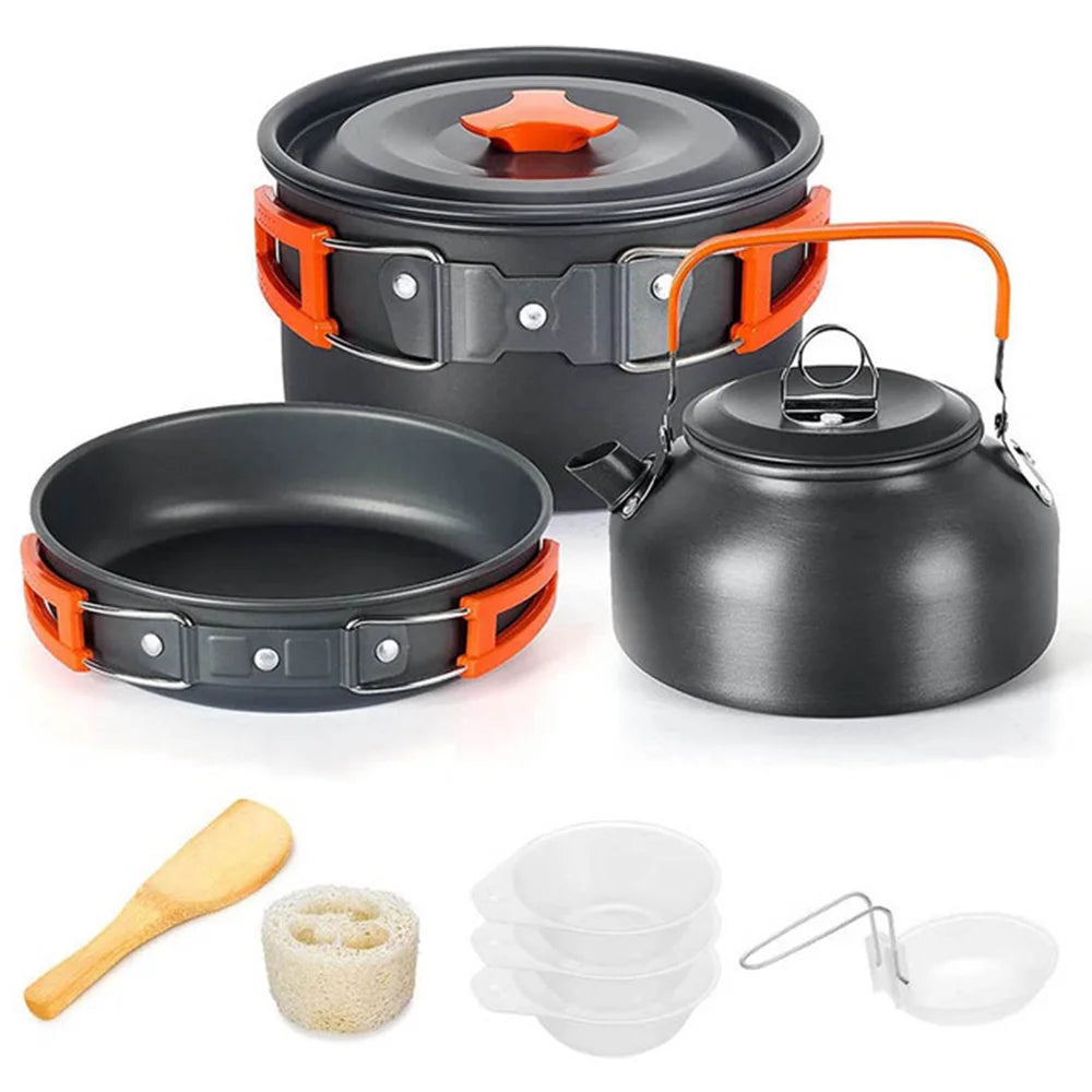 Camping Cooking Set for 2-3 People, Non-stick Pots, Teapot, and Picnic Tableware