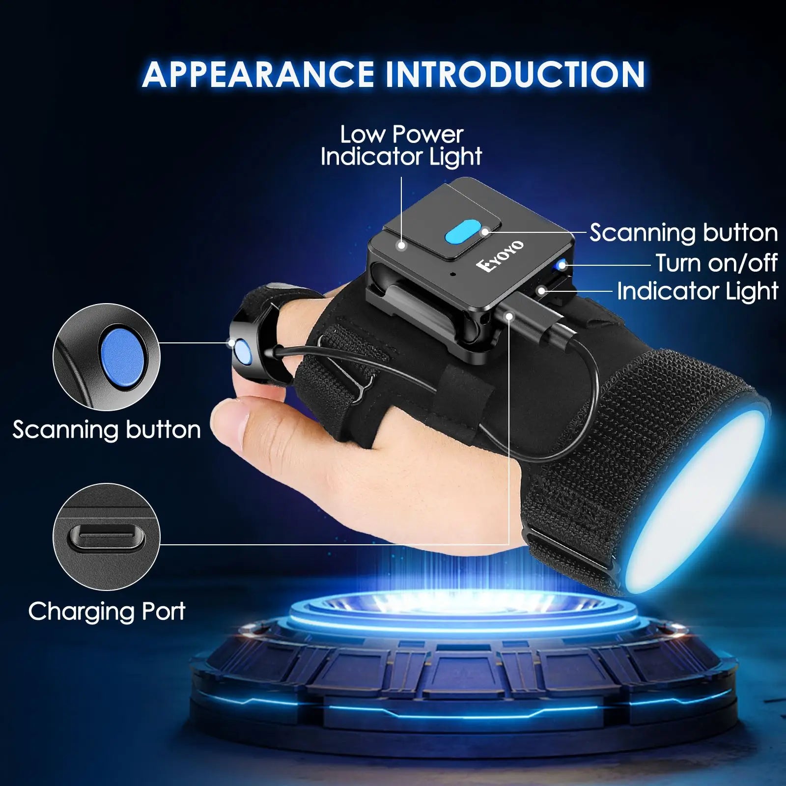 Eyoyo 2D Bluetooth barcode scanner, glove-worn, reads 1D & QR codes wirelessly.