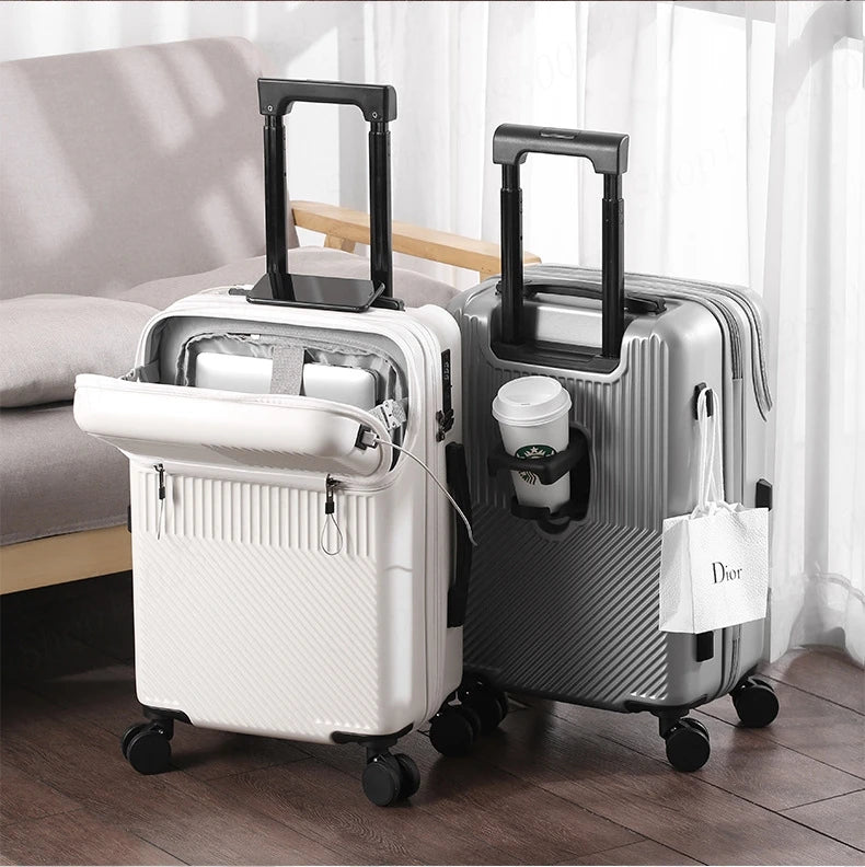 New Upgrade Suitcase Front Opening Luggage with USB Cup Holder Female 20" Small Trolley Case 24" 26" Male Suitcase Trip Cabin