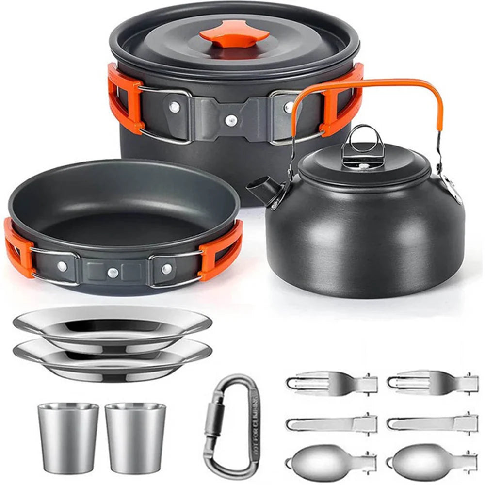 Camping Cooking Set for 2-3 People, Non-stick Pots, Teapot, and Picnic Tableware