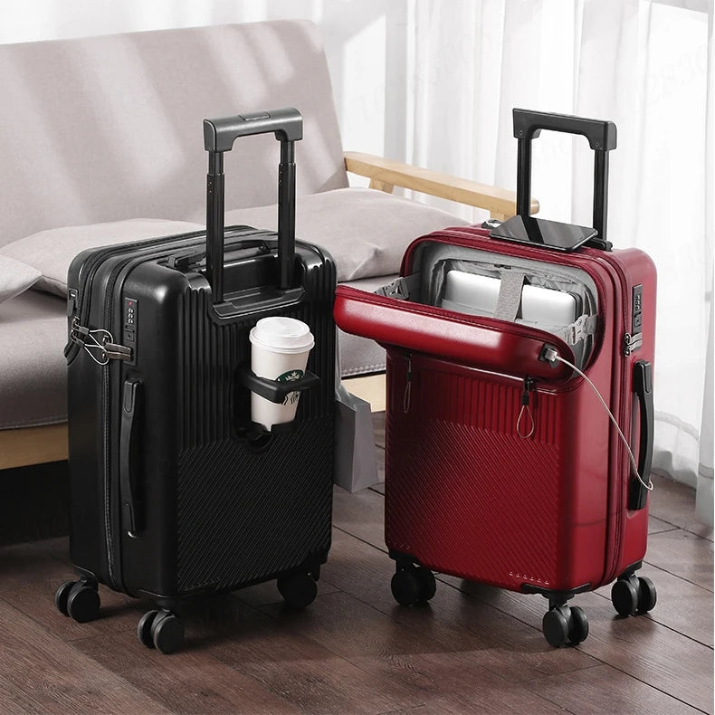 New Upgrade Suitcase Front Opening Luggage with USB Cup Holder Female 20" Small Trolley Case 24" 26" Male Suitcase Trip Cabin