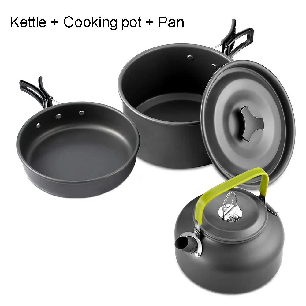 Camping Cooking Set for 2-3 People, Non-stick Pots, Teapot, and Picnic Tableware