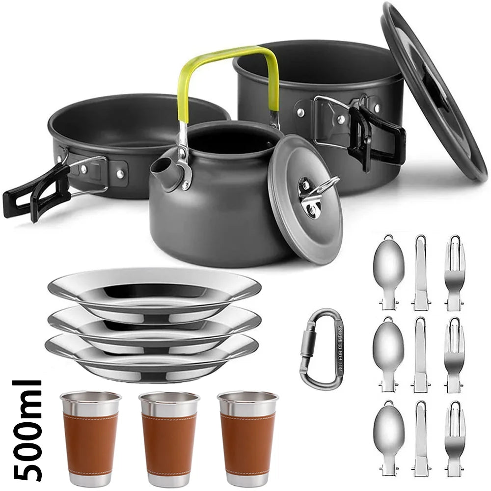 Camping Cooking Set for 2-3 People, Non-stick Pots, Teapot, and Picnic Tableware