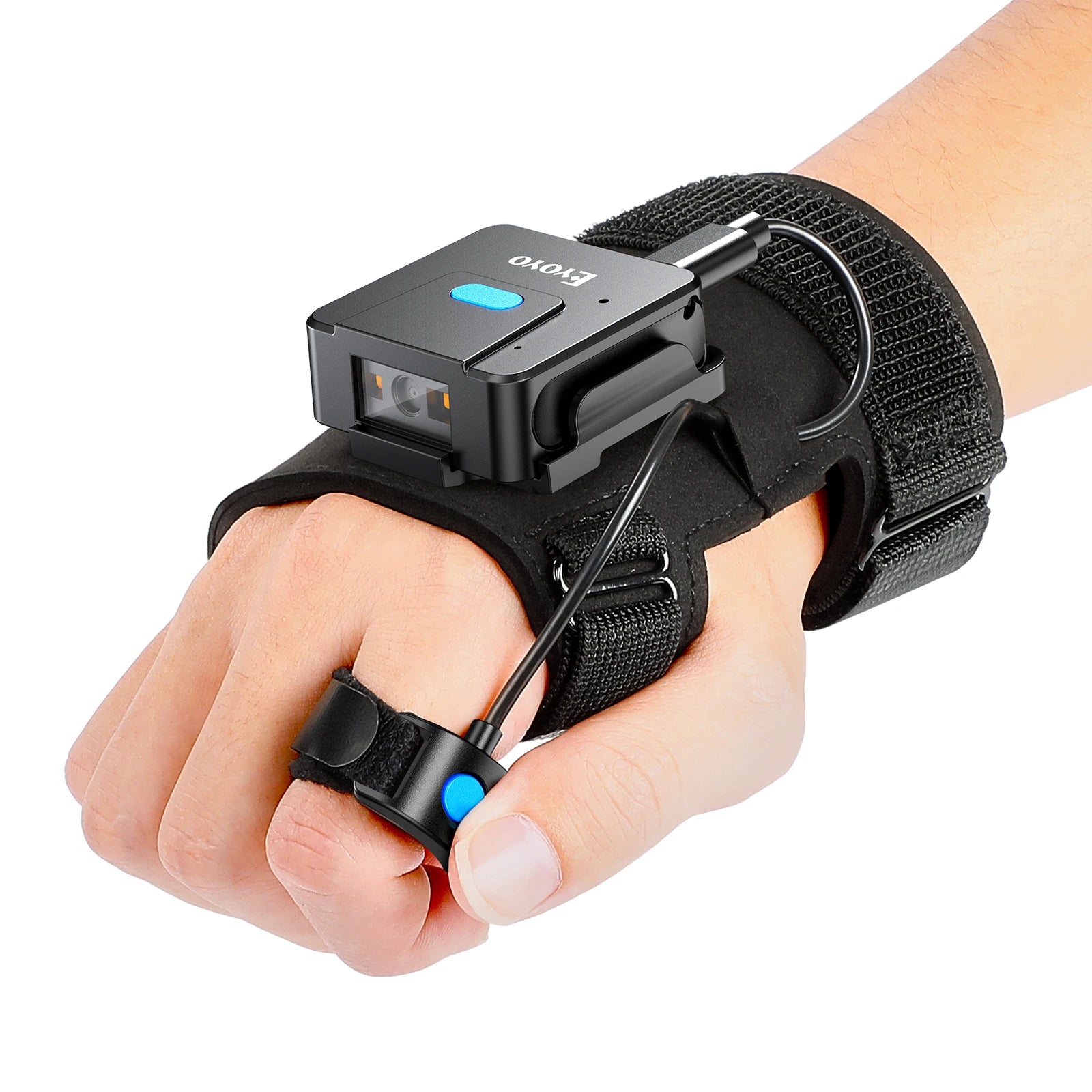 Eyoyo 2D Bluetooth barcode scanner, glove-worn, reads 1D & QR codes wirelessly.