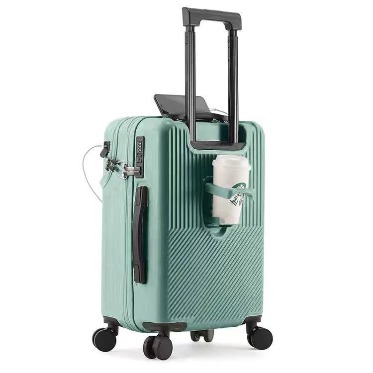 New Upgrade Suitcase Front Opening Luggage with USB Cup Holder Female 20" Small Trolley Case 24" 26" Male Suitcase Trip Cabin