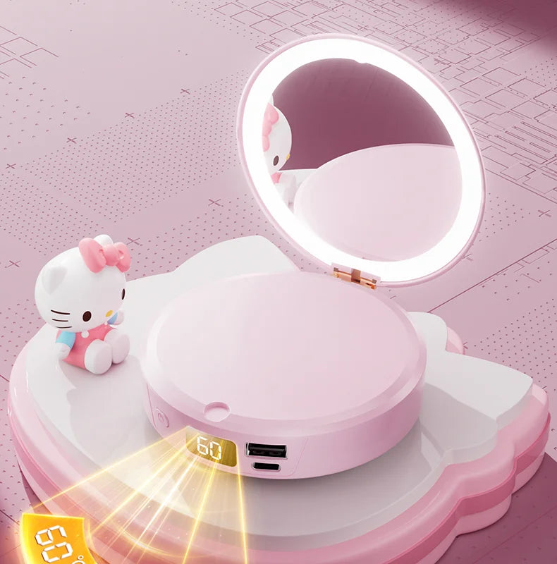 Sanrio Cartoon Hello Kitty Cute and Sweet Winter Girls Portable Storage Automatic Heating Cosmetic Mirror Hand Warmer Power Bank