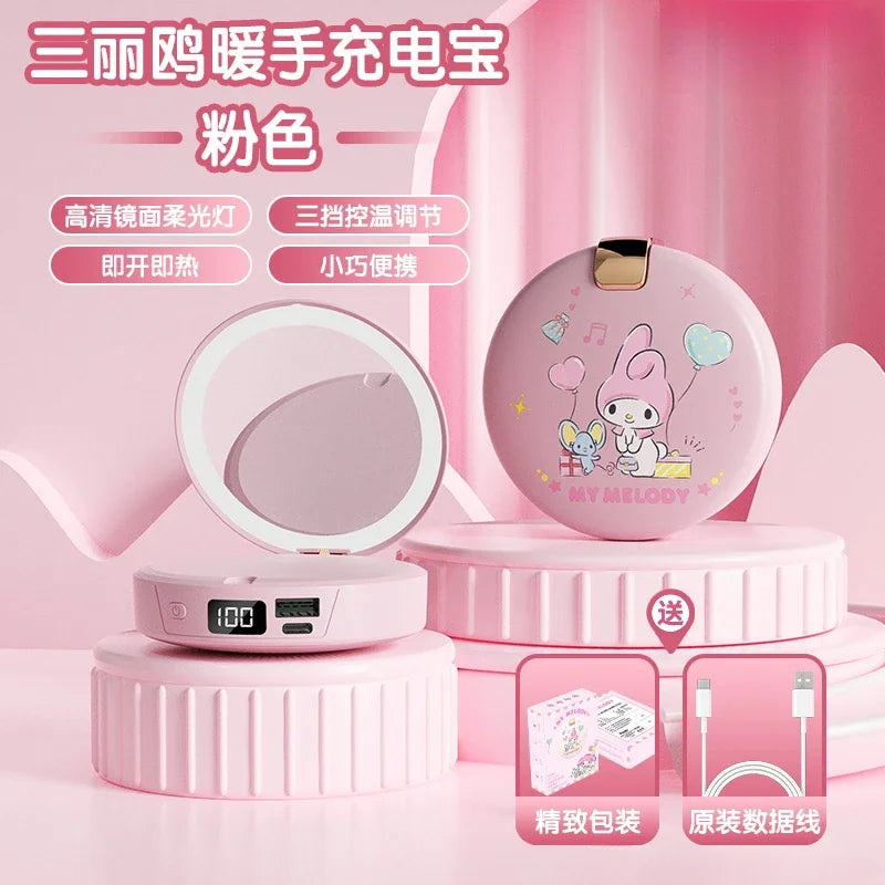 Sanrio Cartoon Hello Kitty Cute and Sweet Winter Girls Portable Storage Automatic Heating Cosmetic Mirror Hand Warmer Power Bank