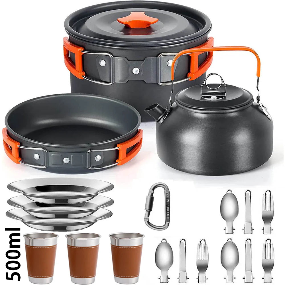 Camping Cooking Set for 2-3 People, Non-stick Pots, Teapot, and Picnic Tableware