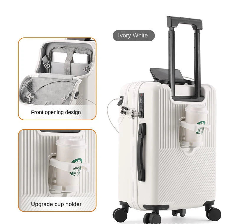 New Upgrade Suitcase Front Opening Luggage with USB Cup Holder Female 20" Small Trolley Case 24" 26" Male Suitcase Trip Cabin