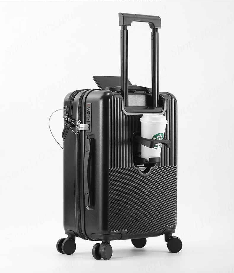 New Upgrade Suitcase Front Opening Luggage with USB Cup Holder Female 20" Small Trolley Case 24" 26" Male Suitcase Trip Cabin