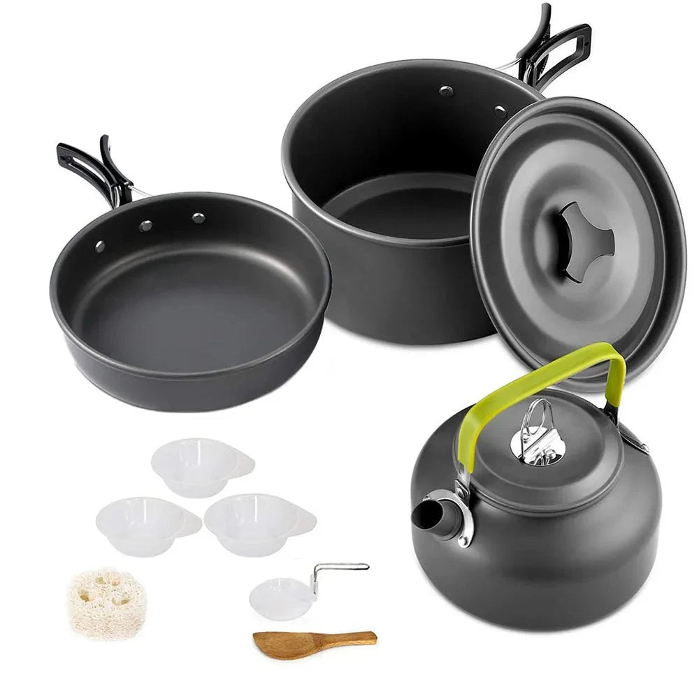 Camping Cooking Set for 2-3 People, Non-stick Pots, Teapot, and Picnic Tableware